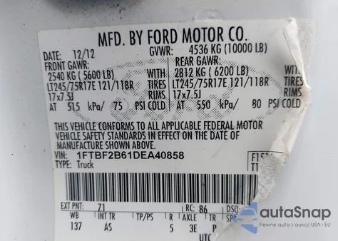 2013 Ford F-250 Xl from USA, damaged, VIN 1FTBF2B61DEA40858